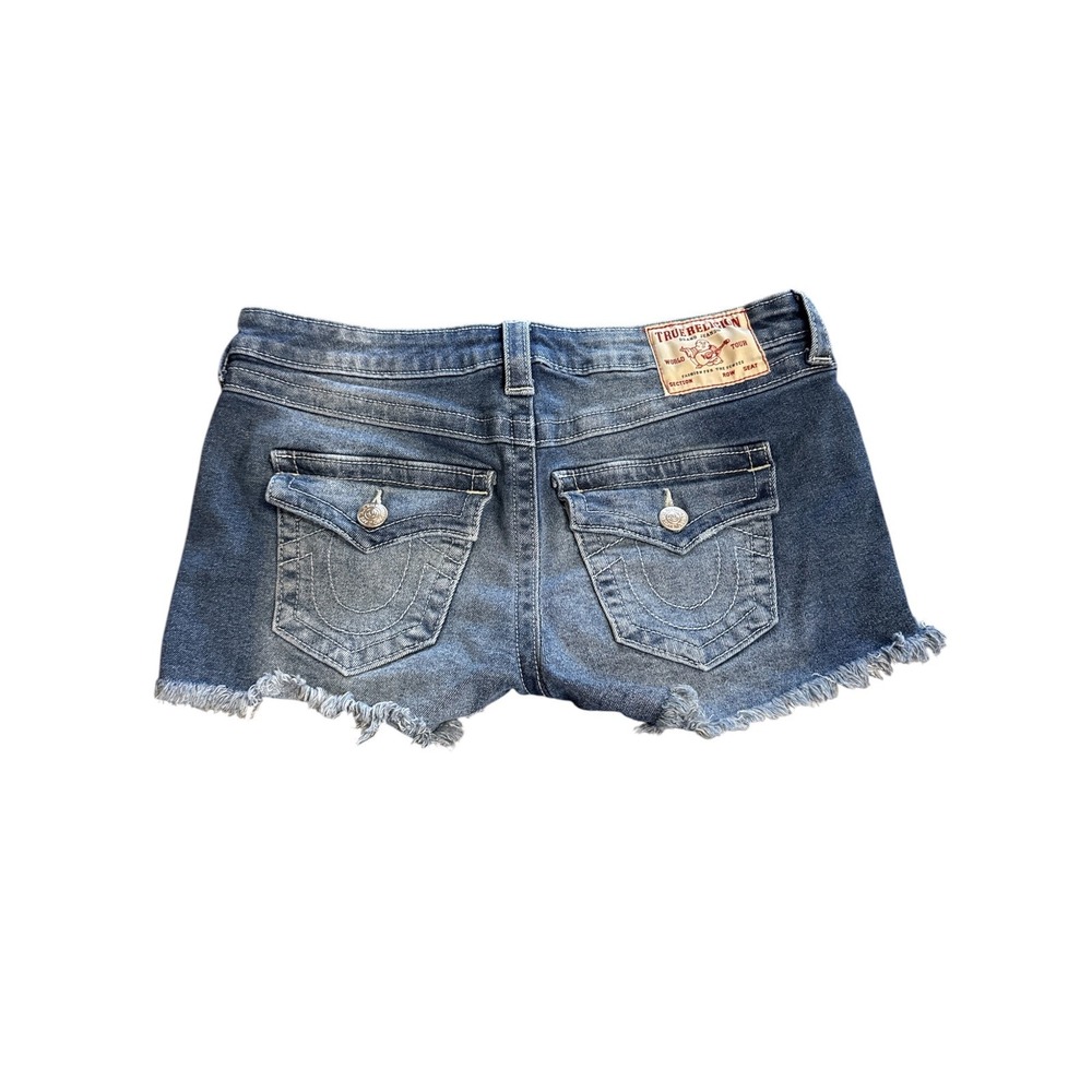 True Religion Joey Cut-Off Low Rise Denim Shorts Blue Frayed Hem Size 29